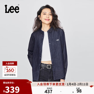 Lee25 new autumn and winter standard-fit lapel embroidered small logo women's long-sleeved denim shirt dark blue m