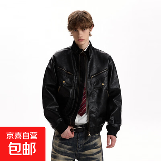 2026 spring new retro motorcycle soft leather jacket men's american handsome short winter bomber jacket men black regular m