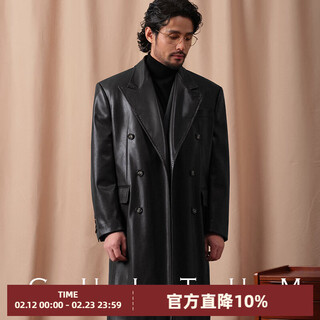 Cultum peaked lapel double-breasted autumn and winter leather coat jacket men's mid-length casual retro solid color leather jacket black without liner m