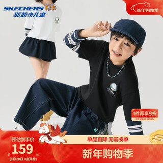Skechers doraemon limited design t-shirt children's spring new long-sleeved tops for boys and girls l126k044 carbon black /0018 130
