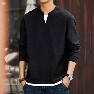 Green deer american black v-neck sweater men's spring and autumn loose casual trendy brand fake two-piece t-shirt top long sleeve t-shirt black l suitable for 130-145 jin jin equals 0.5 kg