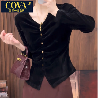 Cova international first-line brand solid color velvet collar long-sleeved shirt for women 2025 spring design niche temperament pleated versatile black s