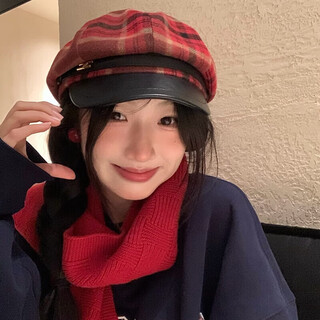 Jioesc red plaid beret women's autumn and winter retro british style casual versatile face-showing little painter hat octagonal hat red plaid beret whitening face small m 56-58cm