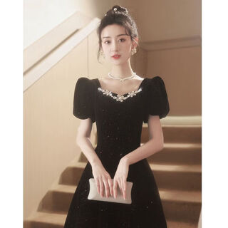 Aoyou annual party evening dress women's banquet temperament light luxury niche high-end french hepburn style examination of etiquette black mid-length style xs