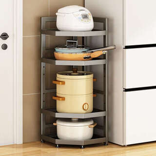 Fantasy pot rack kitchen storage rack floor-standing multi-layer gun gray corner tripod storage rack for rice cooker rack, three layers, gun gray, height 58, length 31 (layer distance adjustable, steel plate shelf)