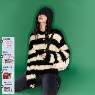 Chuu chen shujun's same style wool striped sweater for women 2025 winter new korean style tall girl plush loose sweater black and white stripes one size