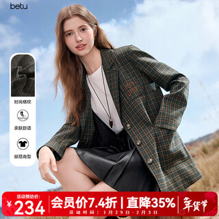 Betu women's clothing 2025 autumn new suit retro temperament high-end autumn suit jacket women 2509t25 green plaid s