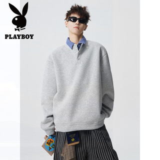 Playboy (playboy) retro college style fake two-piece sweatshirt for men in spring heavy plaid splicing polo shirt casual jacket for men floral gray m