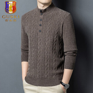 Guski light luxury brand high-end men's spring and autumn new pure wool sweater men's retro inner sweater casual business bottoming shirt dark camel gray exquisite gift box s (165)