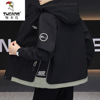 Woodpecker (tucano) hooded fashionable jacket men's spring printed jacket 2026 new style handsome and versatile thin coat black 3xl 110---130