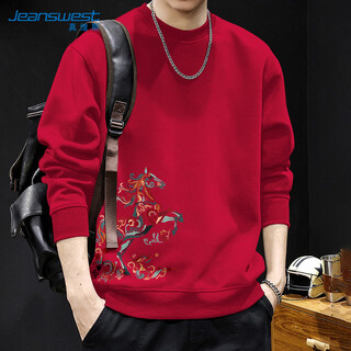 Jeanswest red sweatshirt men's 2026 year of the horse animal year clothes autumn and winter new round neck velvet sweatshirt new year's limited jacket