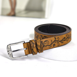 Leather embossed leaf pattern pin buckle belt for women, trendy retro ethnic style, fashionable denim, versatile casual belt for women, brown 108cm