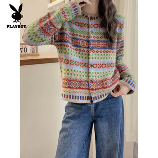 Playboy (playboy) retro ethnic style single breasted front shoulder long sleeve knitted cardigan women spring autumn winter new style knitted sweater top women beige s 80-99jin jin is equal to 0.5 kg