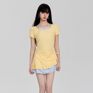 Tianzhui swimsuit for women 26 years new swimming beach conservative slimming women's sports skirt to cover the flesh hot spring without steel support split swimsuit for women yellow and blue checkered color matching two-piece set one size fits all recommended 80-115 jin jin is equal to 0.5 kg