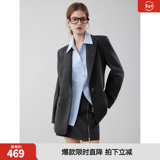 Elle french sheep wool right shoulder profile suit jacket women's 2025 autumn new herringbone commuting suit dark gray l