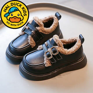 G.duck little yellow duck girls cotton shoes 2025 new autumn and winter children's leather shoes plush medium and large children girls plus velvet warm beans black 28 inner length 17.2cm