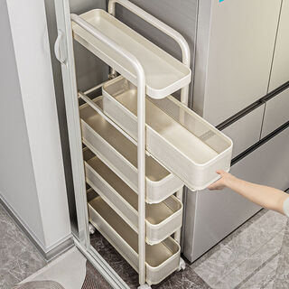 Fantasy kitchen shelf floor-standing refrigerator side pull-out cabinet storage cabinet 14cm wide five-layer white pull-out front and rear armrests