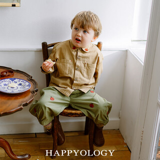 Happyology british children's spring new style lapel shirt tops girls embroidered plaid boys' shirts light golden brown 92 (92cm)