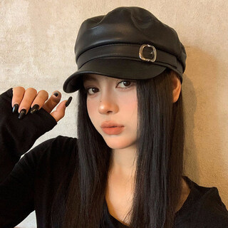 Xiaohongshu korean style simple retro leather black beret for women summer temperament literary and artistic versatile thin style black m (5658cm)