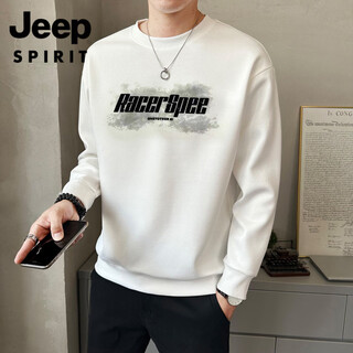 Jeep spirit heavyweight sweatshirt for men spring and autumn 2026 new trendy brand letter printed round neck top loose casual long-sleeved t-shirt white w8115 sweatshirt l (about 100-115jin jin equals 0.5 kg can be worn)