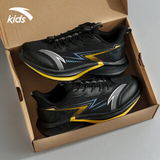 Anta children's sports shoes for men and older children 2026 spring and autumn new model densified mesh breathable shock-absorbing buckle slip-on running shoes black/metallic gold/silver 33 foot length 20.5cm