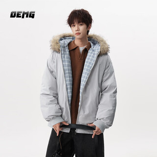 Oemg fur collar hooded plaid design cotton jacket for men winter college style thickened warm and cold-proof loose top jacket gray high quality xl recommended 110-130jin jin equals 0.5 kg