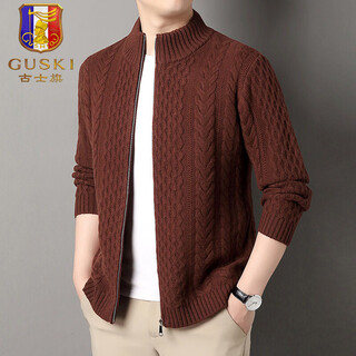 Guski light luxury brand high-end men's wool sweater casual sweater thickened warm knitted cardigan solid color bottoming shirt crimson exquisite gift box m (105)