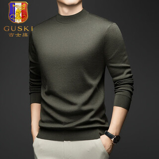 Guski light luxury brand high-end men's spring and autumn new wool sweater warm round neck sweater worsted casual bottoming shirt military green exquisite gift box s (165)