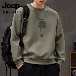 Jeep spirit sweatshirt men's spring national style round neck bottoming shirt 2026 spring chinese fashion brand men's clothing new men's tops dark gray green m