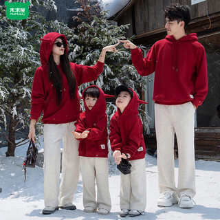 Wooden wooden house parent-child outfit for a family of three 2026 new year of the horse mother and daughter mother and son red winter sweatshirt four family portrait new year burgundy with horns spring and autumn sweatshirt 100 cm