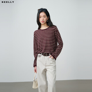 Neelly shopping mall's same spring style retro striped round neck contrasting color t-shirt for women, simple and casual top, jam color s