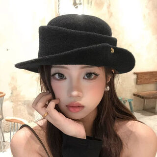 U&mudi french hepburn style elegant black top hat women's autumn and winter retro face-showing small curled woolen hat fisherman hat black