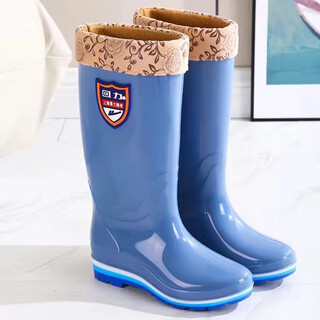 Pull-back rain boots for women, velvet rain boots, non-slip, wear-resistant, fashionable women's rubber shoes, high-top mid-calf water boots, one-piece overshoes, a703, high-top blue, cotton, one size larger 39