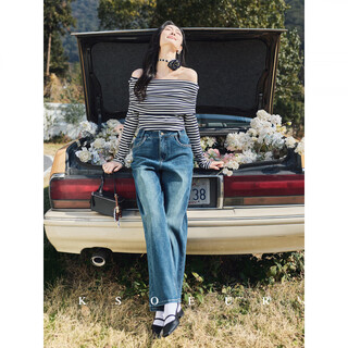 Ksoeur sister k stripes encounter french lazy one shoulder three-dimensional flower striped shirt for women black and white stripes s