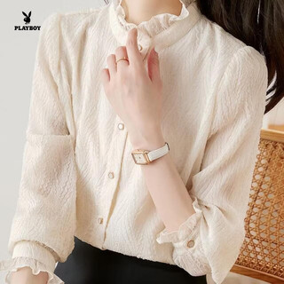 Playboy (playboy) french embossed chiffon shirt spring 2026 new women's fungus sweet and stylish right shoulder slim top official flagship apricot color s