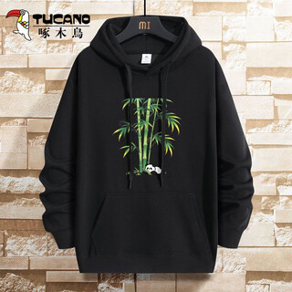 Woodpecker (tucano) heavyweight hooded sweatshirt men's 2025 spring new national trend loose casual versatile long-sleeved pullover men's black/lucky bamboo regular s (weight 80-100jin jin equals 0.5kg height 155-160)