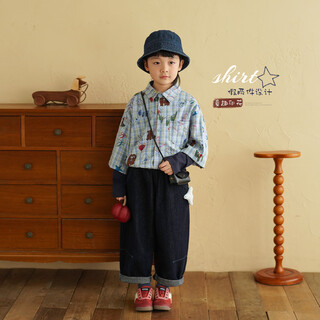 Yantaijia children's clothing boys fake two-piece long-sleeved shirt spring 2026 baby boy printed top children's plaid shirt gray green 100