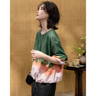Demana poetic and affectionate spring gradient positioning and blooming printed top round neck loose small women's shirt