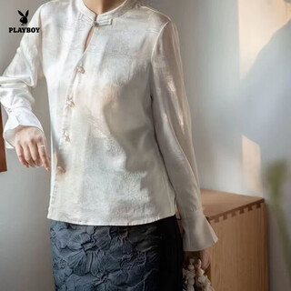 Playboy (playboy) chinese button-up shirt 2026 jacquard new spring national style satin design retro long-sleeved top stand collar official flagship apricot color s 94jin jin equal to 0.5 kg or less