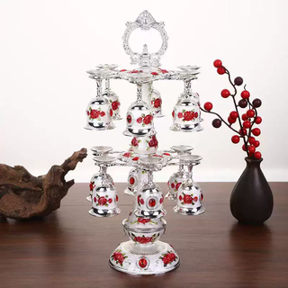 Yusenyi selected wineware set metal european white wine glass double-layer cup holder 6 cups 12-cup wineware set retro enamel wine double-layer rich silver white red flower