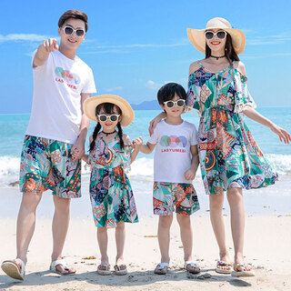 Beach parent-child wear, different mother-daughter dress, suspender short-sleeved suit, summer style for a family of three or four, men's suit/women's dress 160, girl's skirt size 160 (recommended weight 78 jin jin equals about 0.5 kg)