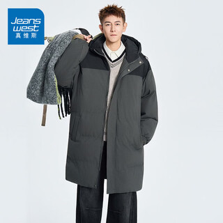 Jeanswest men's winter new hooded thickened warm mid-length cotton coat outer windproof military coat gray black l