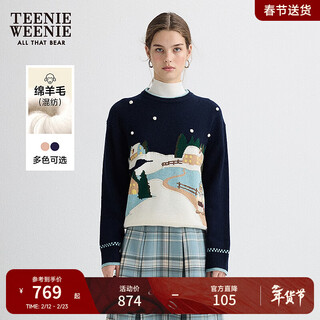 Teenie weenie bear women's sheep wool sweater 2025 autumn new fashion contrast color round neck sweater navy l