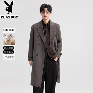 Playboy (playboy) double-sided woolen coat men's mid-length new autumn and winter double-breasted casual over-the-knee youth wool woolen jacket 20626/218 smoke gray brown l recommended 120-140jin jin equals 0.5 kg