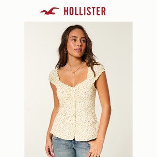 Hollister sweet puff sleeve button ruffle short sleeve shirt 26 spring new women's clothing 340-6215 yellow floral xxs (160/76a)