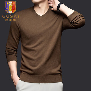 Guski light luxury brand high-end men's pure woolen sweater casual sweater business warm knitted round neck casual bottoming shirt log brown exquisite gift box m (105)