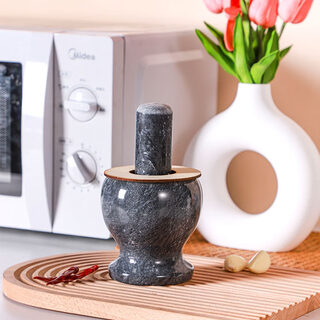 Tuojin imported quality jade garlic mortar from japan, natural stone garlic press, stone mortar, garlic grinder, household pounder, 11 cm diameter, calm black, tank + stone hammer + lid