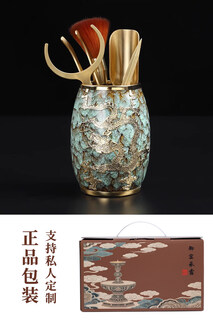 Jingjie six gentlemen set gold inlaid jade kung fu tea ceremony copper tea set accessories black sandalwood tea pen tea clip teaspoon combination new product-gold inlaid jade kiln-turned green bronze six gentlemen