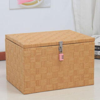 Fantasy storage box with lock, large rattan storage box with lid, large dormitory basket, book organization, envelopes, photo albums, car interior, wood color combination lock, length 40*width 30*height 25cm