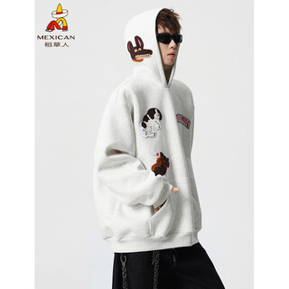 Scarecrow trendy brand towel embroidered velvet hooded sweatshirt for men autumn and winter loose sports hoodie casual couple tops white flower gray wy10191 m